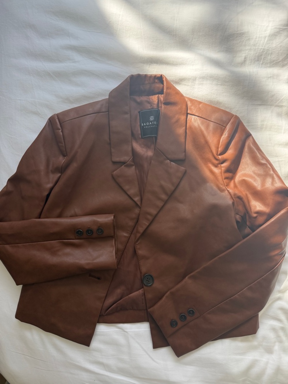 Brown Cropped faux Leather Blazer Jacket